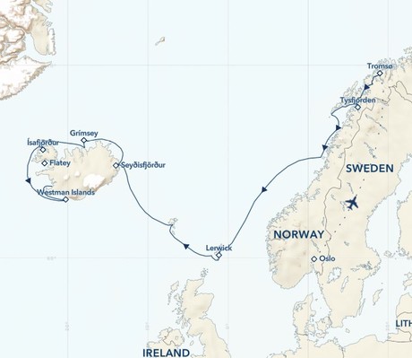 Map for Coastal Wonders of Norway, the Faroe Islands, and Iceland Cruise