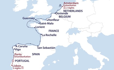 Map for Amsterdam to Lisbon Cruise: Coasting the Atlantic