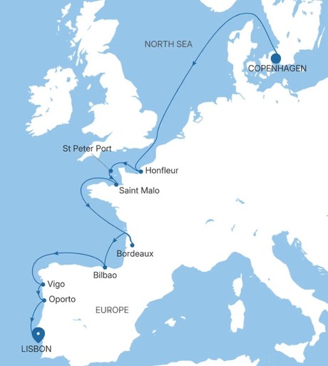 Map for 16 Days Luxury France, Spain & Portugal Cruise - Copenhagen to Lisbon