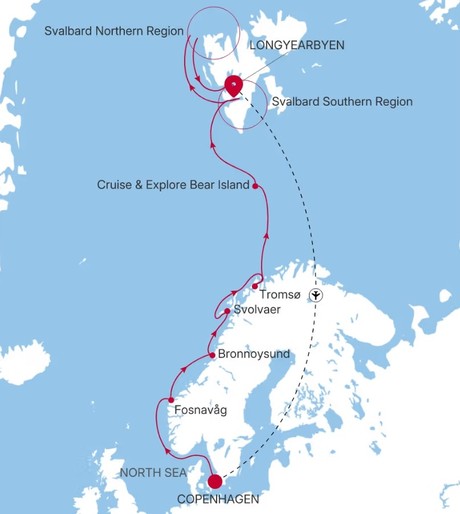 Map for 16 Days Luxury Norwegian Fjords & Svalbard Cruise - Copenhagen to Longyearbyen