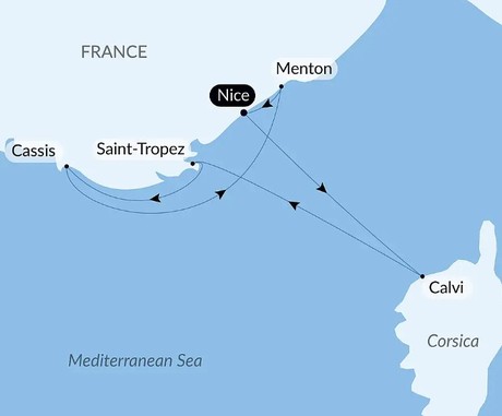 Map for Corsica and the French Riviera Luxury Small Ship Cruise