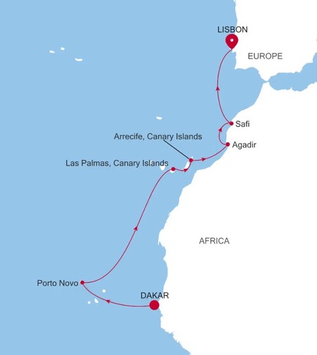 Map for 15 Days Luxury Atlantic Ocean Cruise - Dakar, Senegal to Lisbon, Portugal