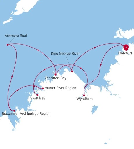 Map for 11 Days Luxury Kimberley Cruise - Darwin to Darwin