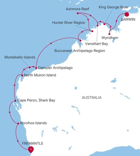 Map for 17 Days Luxury Australia Cruise - Darwin to Fremantle