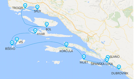 Map for One Way Luxury Cruise from Split to Dubrovnik
