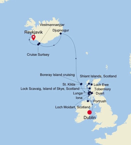 Map for Dublin to Reykjavik - 13 Day British Isles & Iceland Expedition Cruise