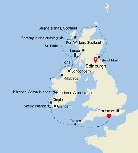 Map for Edinburgh to Portsmouth - 15 Day Scotland, Ireland & UK Expedition Cruise