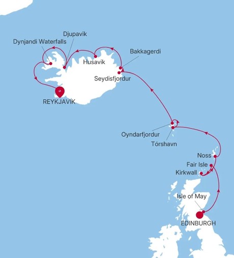 Map for 13 Days Luxury British Isles and Iceland Cruise - Edinburgh to Reykjavik