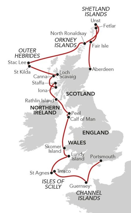 Map for Enchanted Islands - An Island Hopping Voyage from Portsmouth to Aberdeen