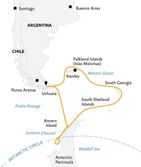 Map for Epic Antarctica: Crossing the Circle via Falklands & South Georgia