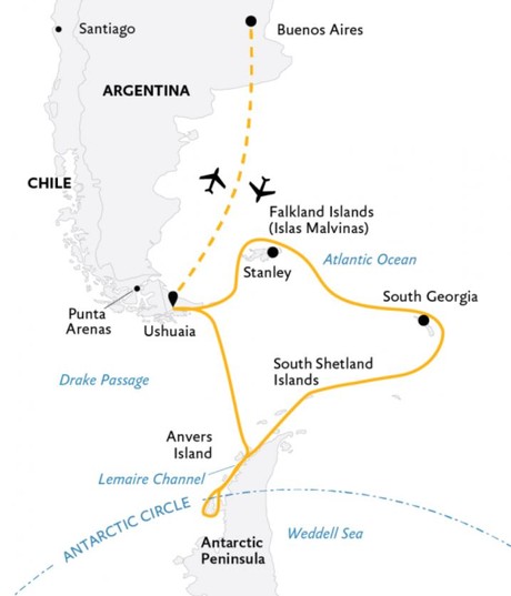Map for Epic Antarctica: Crossing the Circle via Falklands & South Georgia aboard New Polar Vessel