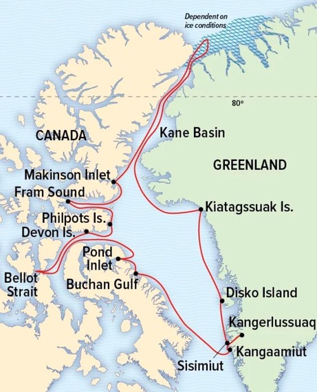 Map for Epic Voyage To The Far North: Greenland And Canadian Arctic Coastlines