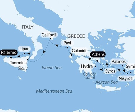 Map for Escapade between Greek Islands and Italian Treasures Luxury Cruise