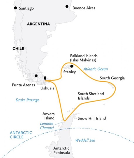 Map for Antarctica Explorers & Kings Small Ship Expedition Cruise