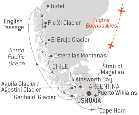 Map for Exploring the Chilean Fjords with Ponant