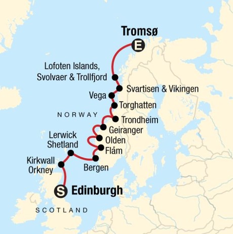 Map for Scottish Islands & Norwegian Fjords: Edinburgh to Tromso