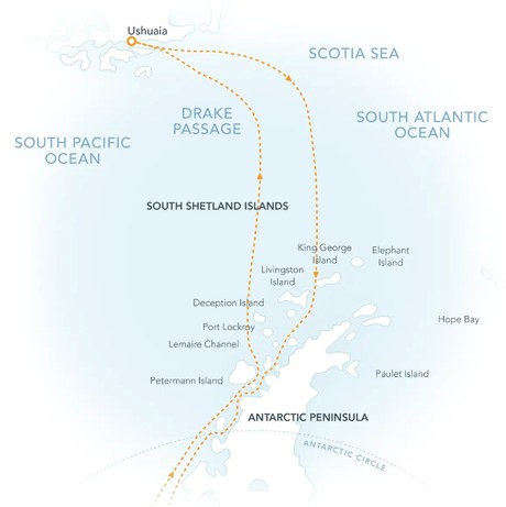 Map for Extended Antarctic Circle Crossing - Small Ship Cruise