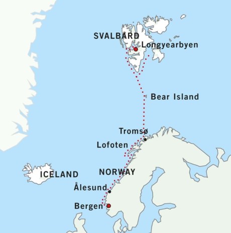 Map for The Norwegian Fjords, Bear Island & Svalbard
