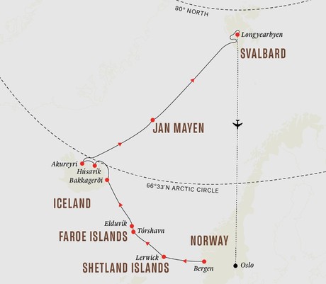 Map for Faroe Islands, Iceland, Spitsbergen – Island Hopping In and Around the Arctic
