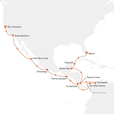Map for The Fascination of Central America Luxury Cruise