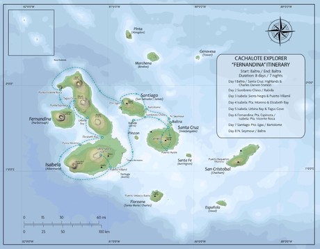 Map for Cachalote Explorer “Fernandina” Galapagos Islands Cruise