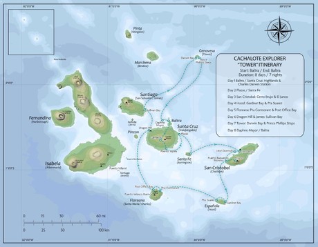 Map for Cachalote Explorer “Tower” Galapagos Islands Cruise