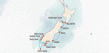 Map for Fiordland, Snares and the South Coast, From Wellington to Milford Sound