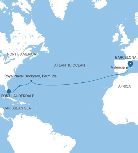 Map for Fort Lauderdale to Barcelona - Luxury 15 Day Transatlantic Crossing