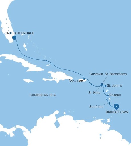 Map for Fort Lauderdale to Bridgetown - South Caribbean Luxury 10 Day Cruise