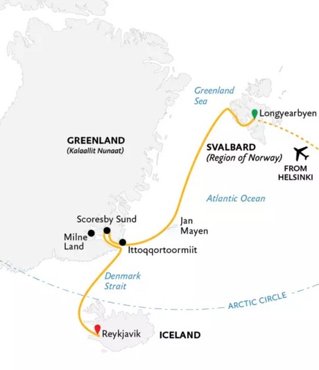 Map for Four Arctic Islands: Spitsbergen, Jan Mayen, Greenland and Iceland