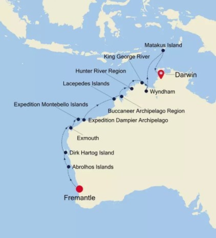 Map for Fremantle to Darwin Luxury Cruise