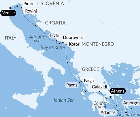 Map for From the City of Gods to the Canals of Venice Luxury Cruise