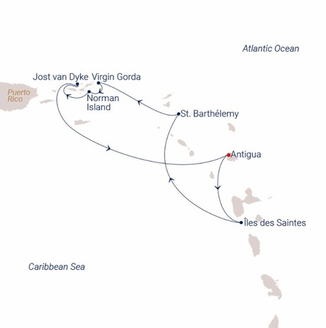 Map for Front Row at The Bucket Regatta Sailing Caribbean Cruise