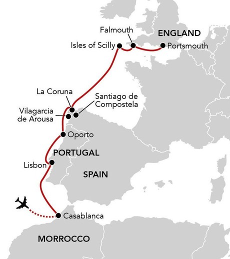 Map for Glorious Gardens & Cities of the Atlantic Edge - Cruise from Casablanca to Portsmouth