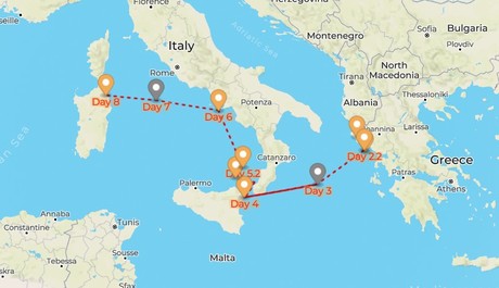 Map for Greece to Italy Sailing Cruise