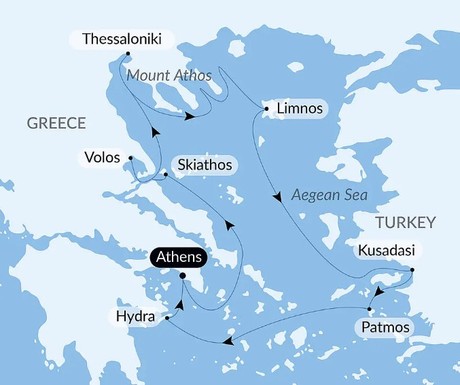 Map for Greek Coast & Aegean Islands Luxury Cruise
