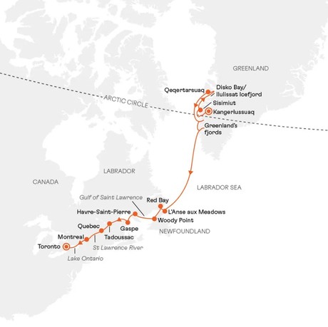 Map for Greenland, Newfoundland and St Lawrence River Cruise