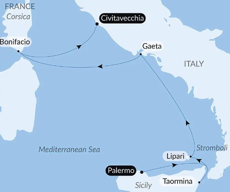 Map for Historic Cities and Mediterranean Shores Luxury Cruise