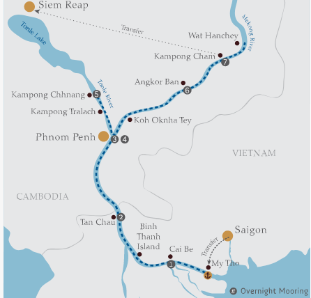 Map for Cruising the Lower Mekong River - 8 Days