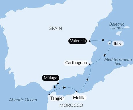 Map for Iberian Peninsula, Balearic Islands and Moroccan Shores Luxury Cruise