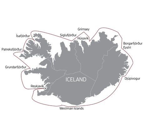 Map for Iceland’s Fire & Ice Circumnavigation: An 11-Day Iceland Circumnavigation Expedition Cruise