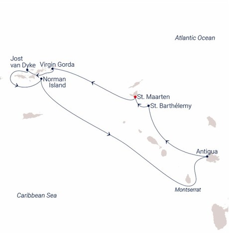 Map for Across A Sea Of Idyllic Islands - Caribbean Islands Sailing from Philipsburg
