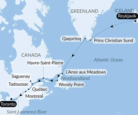 Map for In the Wake of the Vikings, from Iceland to Canada Small Ship Cruise