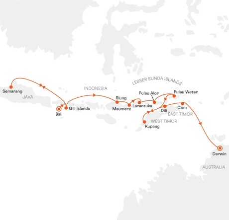 Map for Indonesia and East Timor: on Hidden Paths through Mysterious Worlds Cruise