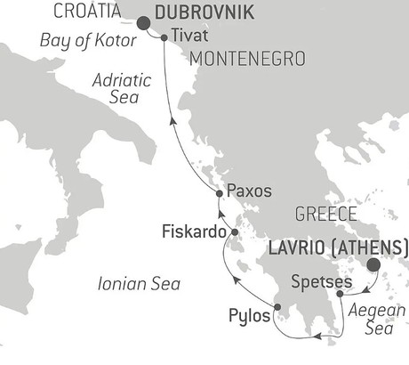 Map for Island Hopping Aboard Le Ponant, From Athens to Dubrovnik