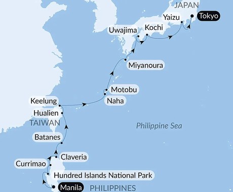 Map for Philippines, Taiwan and Japan Luxury Small Ship Cruise
