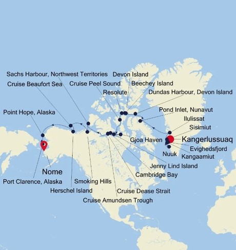 Map for Kangerlussuaq to Nome, Alaska