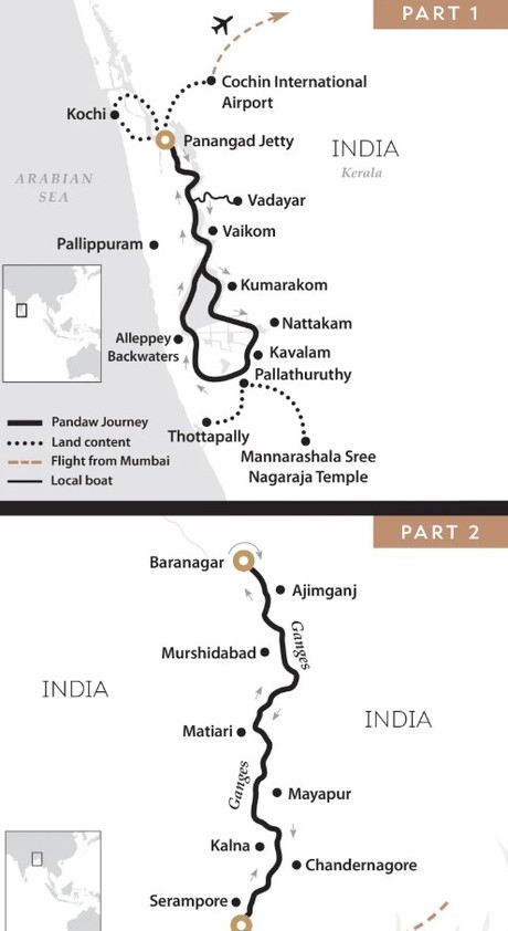 Map for Kerala Backwaters & the Hooghly River - India River Cruise