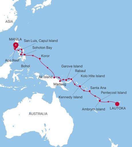 Map for 23 Days Luxury South Pacific Cruise - Lautoka to Manila