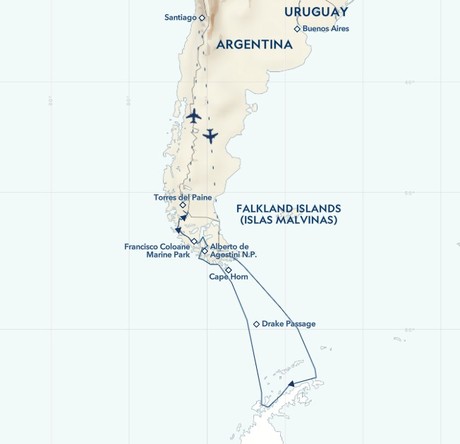 Map for Antarctica and Patagonia: Legendary Ice and Epic Fjords